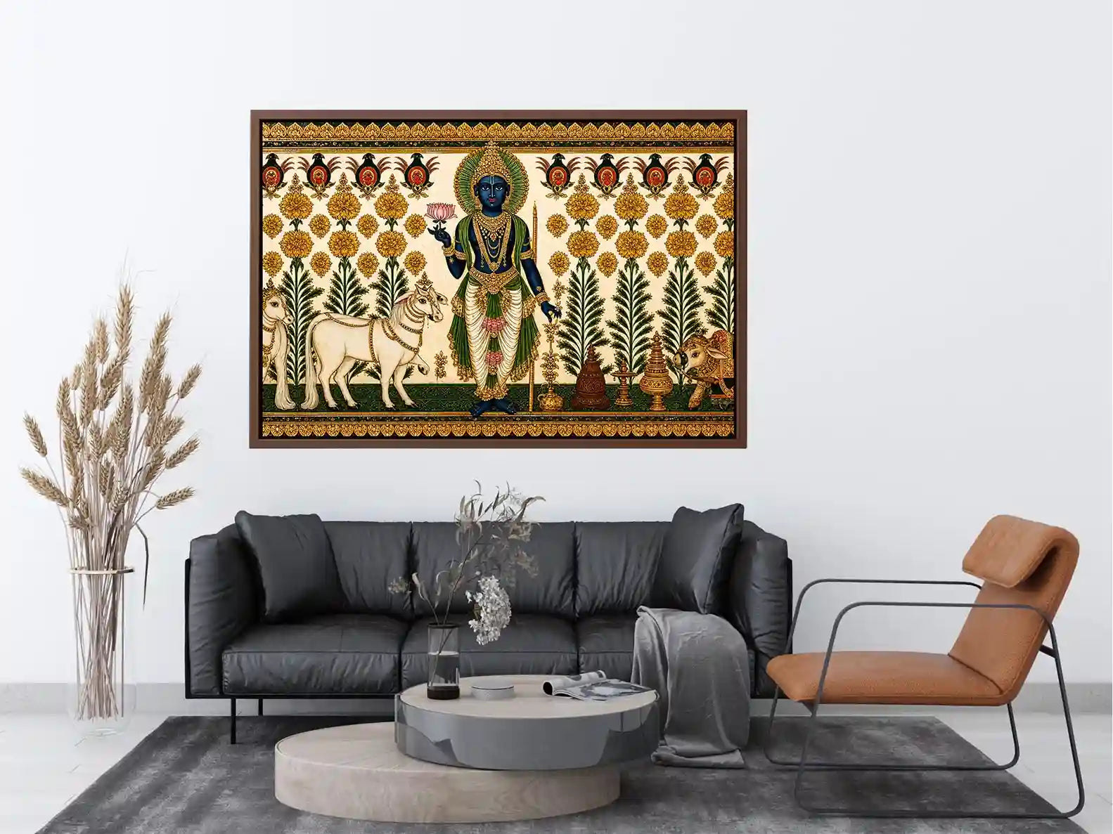 Traditional Krishna cow Canvas Print with floral gold detailing in green and white tones