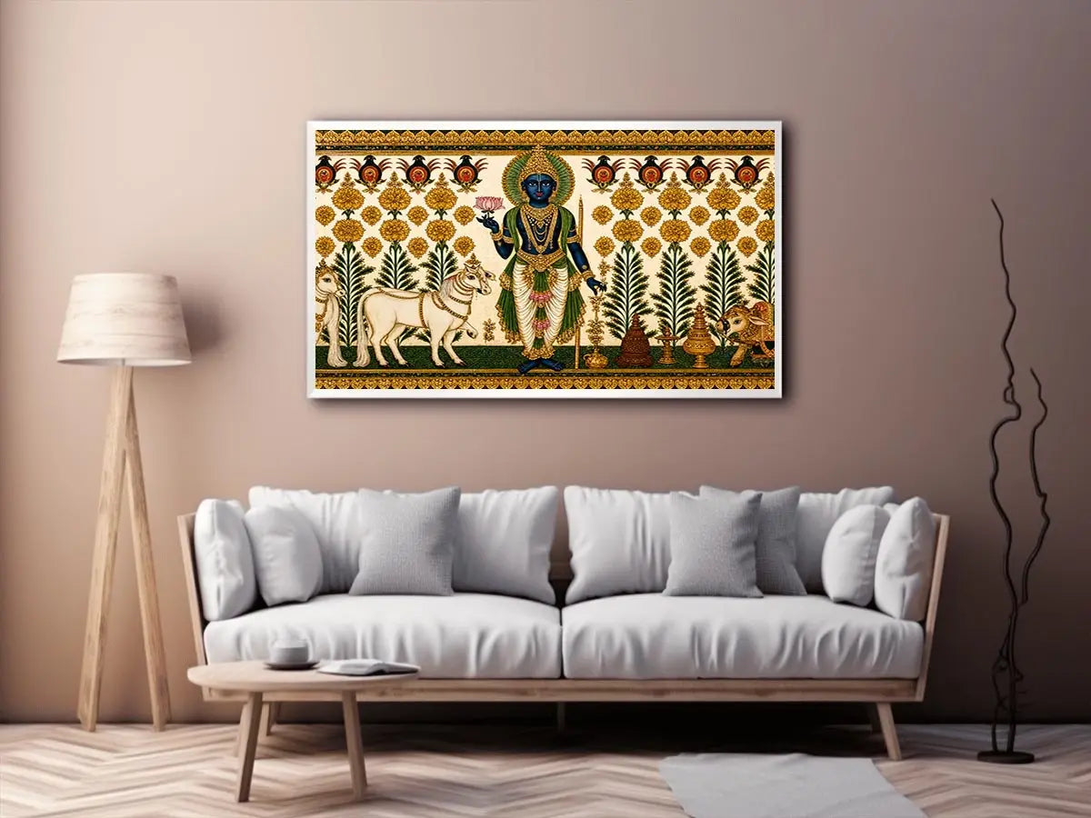 Traditional Krishna cow Canvas Print with floral gold detailing in green and white tones