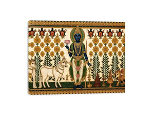 Traditional Krishna cow Canvas Print with floral gold detailing in green and white tones