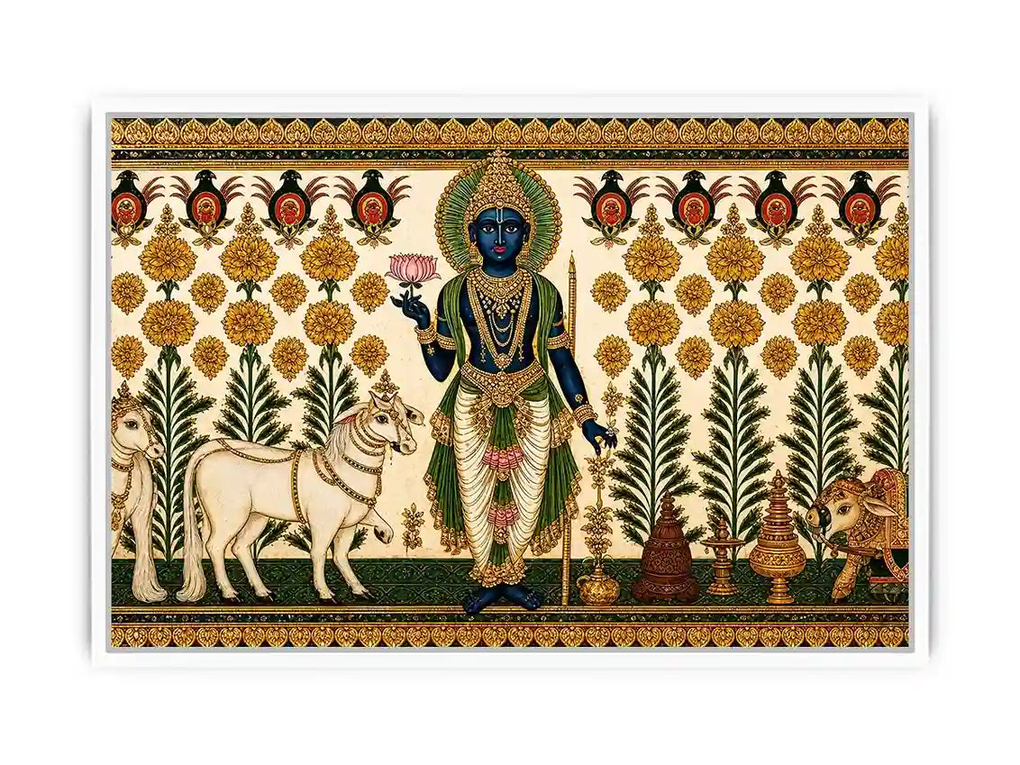 Traditional Krishna cow Canvas Print with floral gold detailing in green and white tones