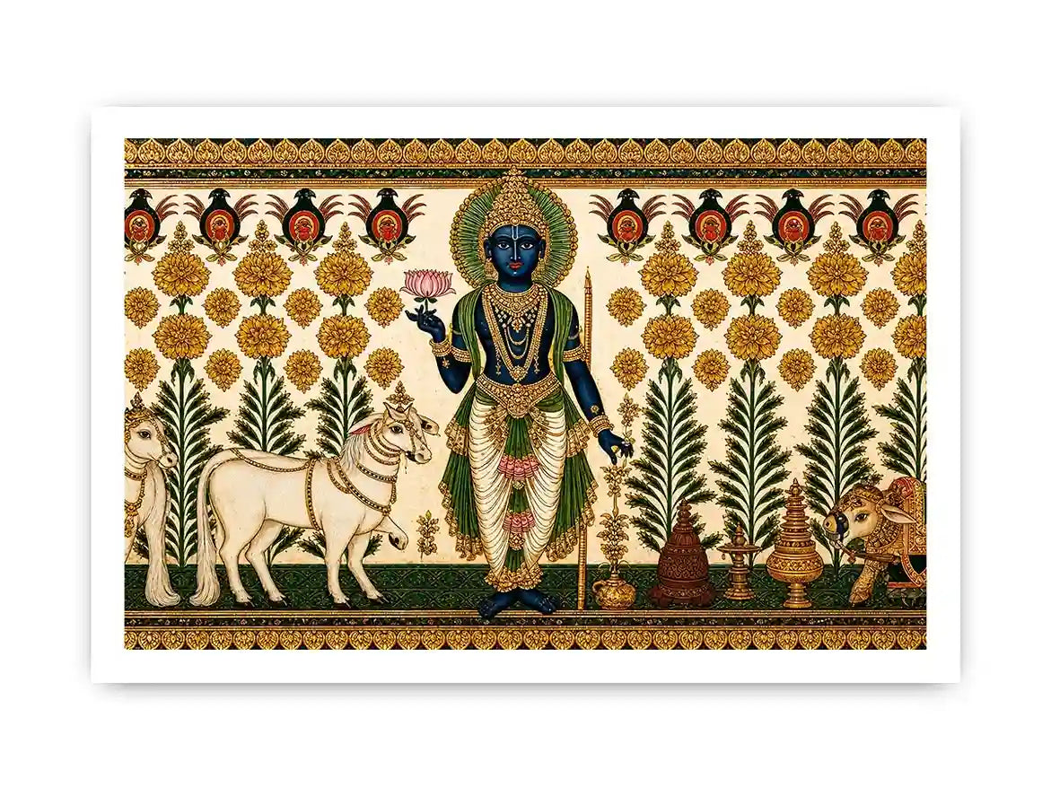 Traditional Krishna cow Canvas Print with floral gold detailing in green and white tones