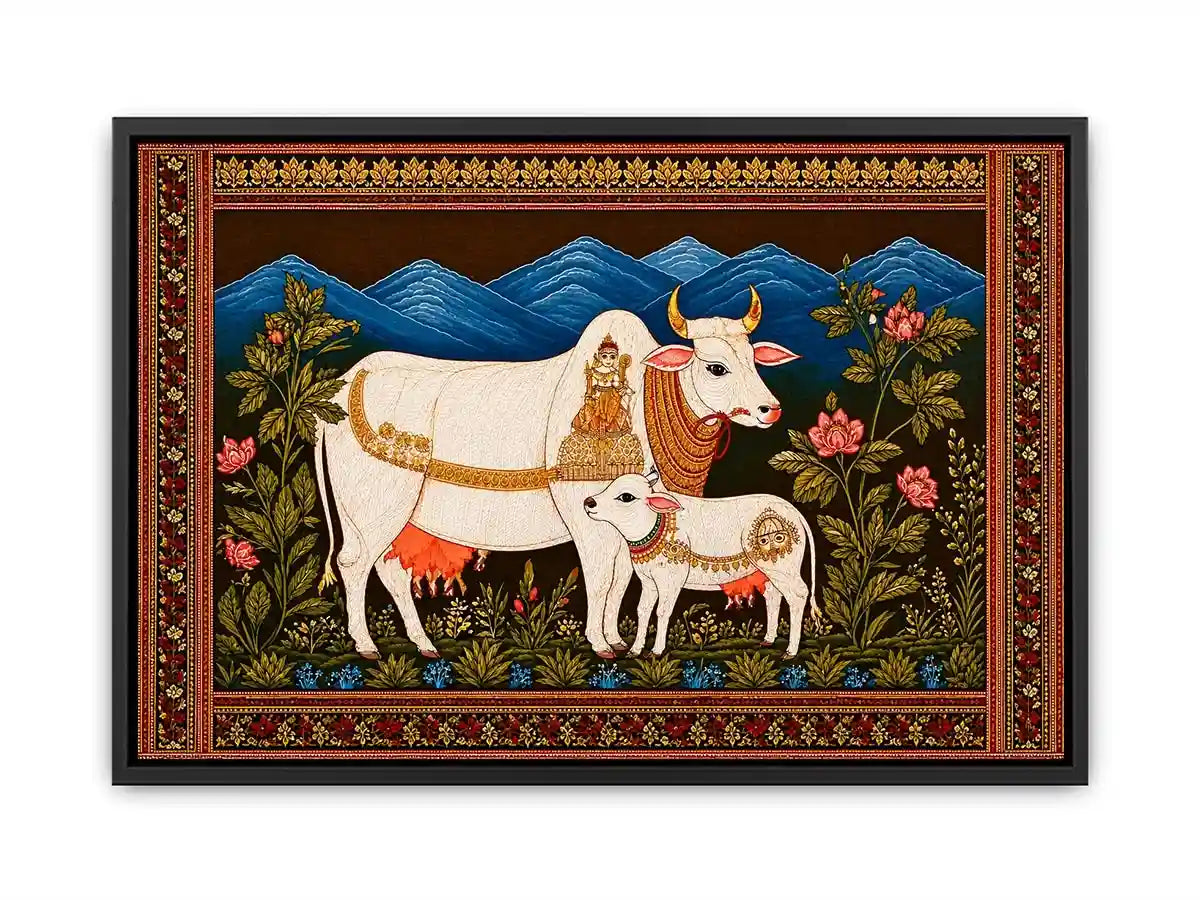 Kamdhenu sacred cow Canvas Print with calf and traditional detailing in gold and red tones
