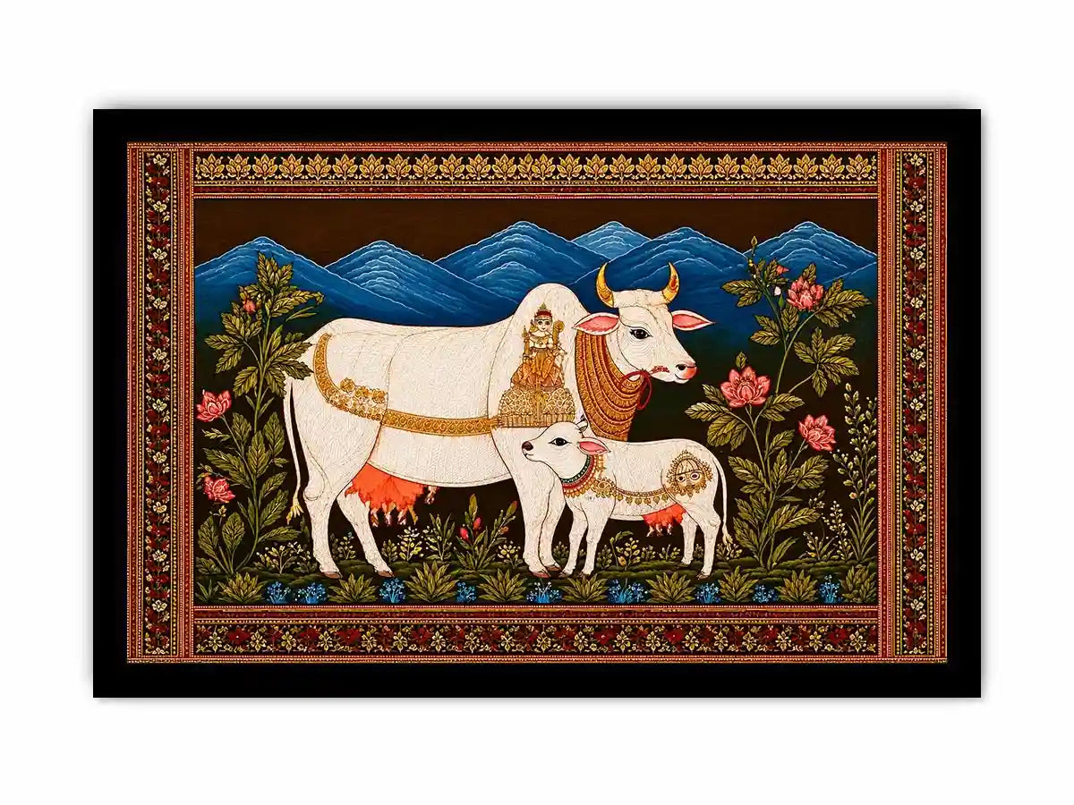 Kamdhenu sacred cow Canvas Print with calf and traditional detailing in gold and red tones