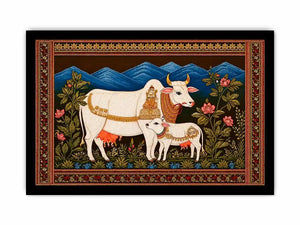 Kamdhenu sacred cow Canvas Print with calf and traditional detailing in gold and red tones