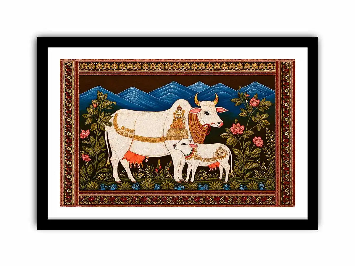 Kamdhenu sacred cow Canvas Print with calf and traditional detailing in gold and red tones