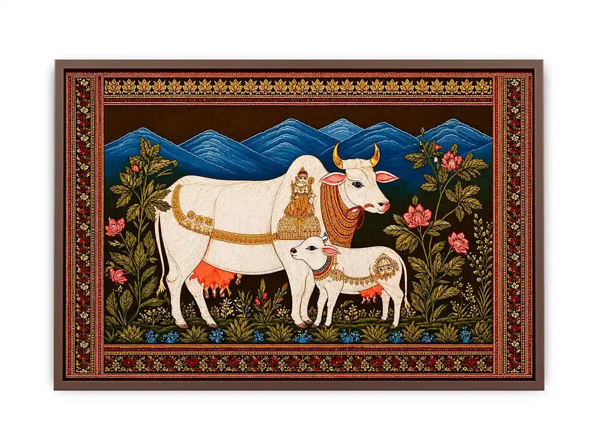Kamdhenu sacred cow Canvas Print with calf and traditional detailing in gold and red tones