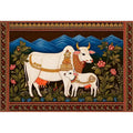Kamdhenu sacred cow Canvas Print with calf and traditional detailing in gold and red tones
