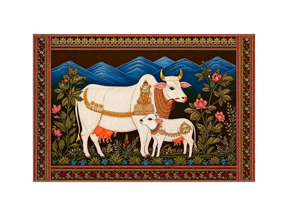Kamdhenu sacred cow Canvas Print with calf and traditional detailing in gold and red tones