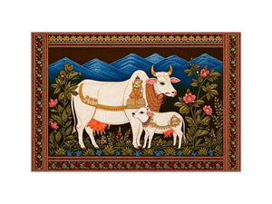 Kamdhenu sacred cow Canvas Print with calf and traditional detailing in gold and red tones