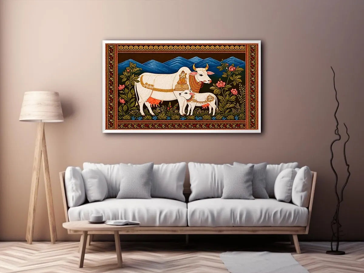 Kamdhenu sacred cow Canvas Print with calf and traditional detailing in gold and red tones