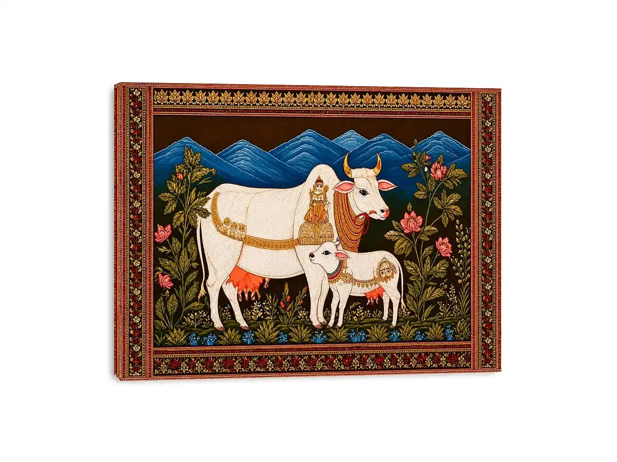 Kamdhenu sacred cow Canvas Print with calf and traditional detailing in gold and red tones