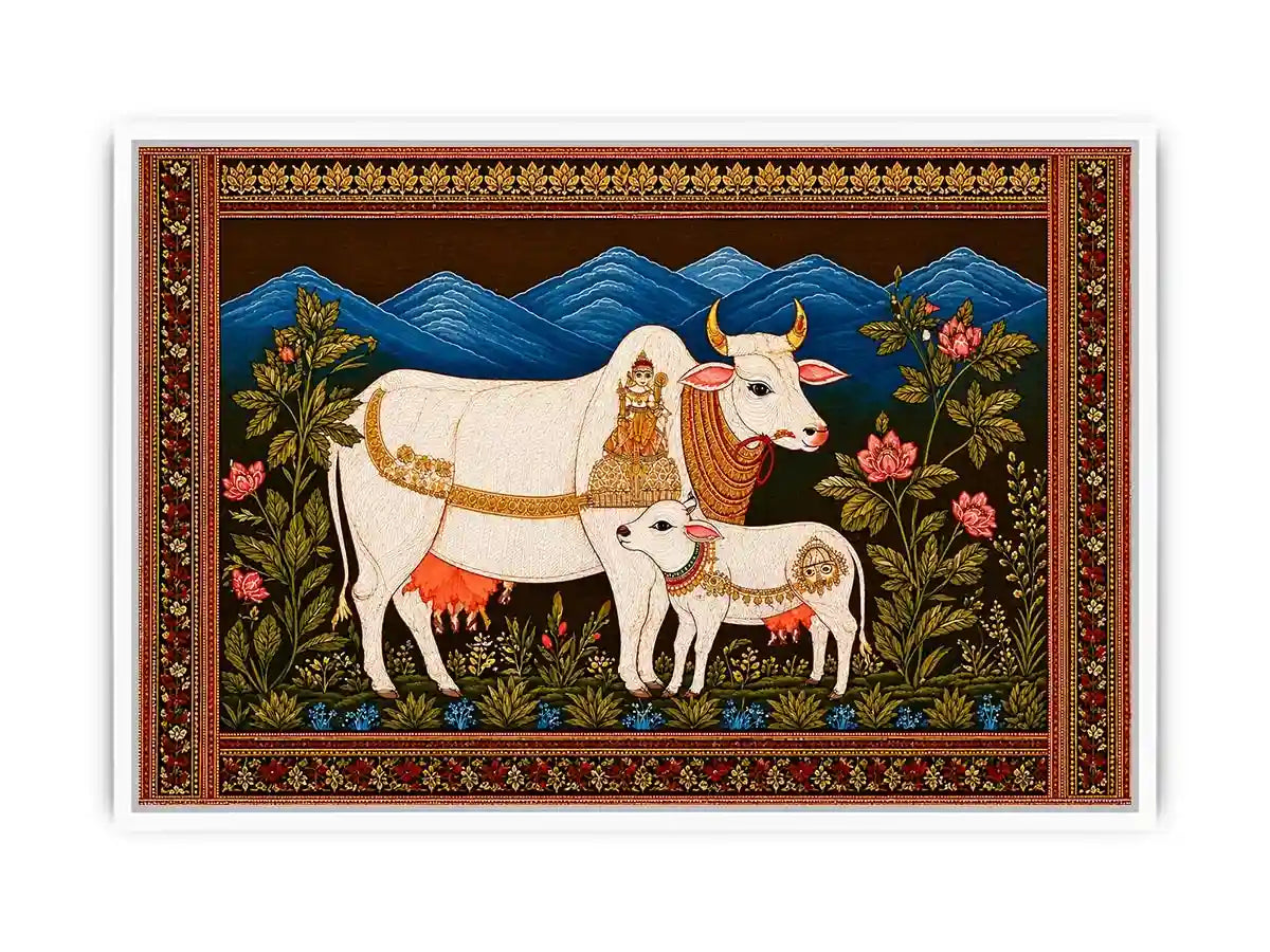 Kamdhenu sacred cow Canvas Print with calf and traditional detailing in gold and red tones