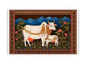 Kamdhenu sacred cow Canvas Print with calf and traditional detailing in gold and red tones