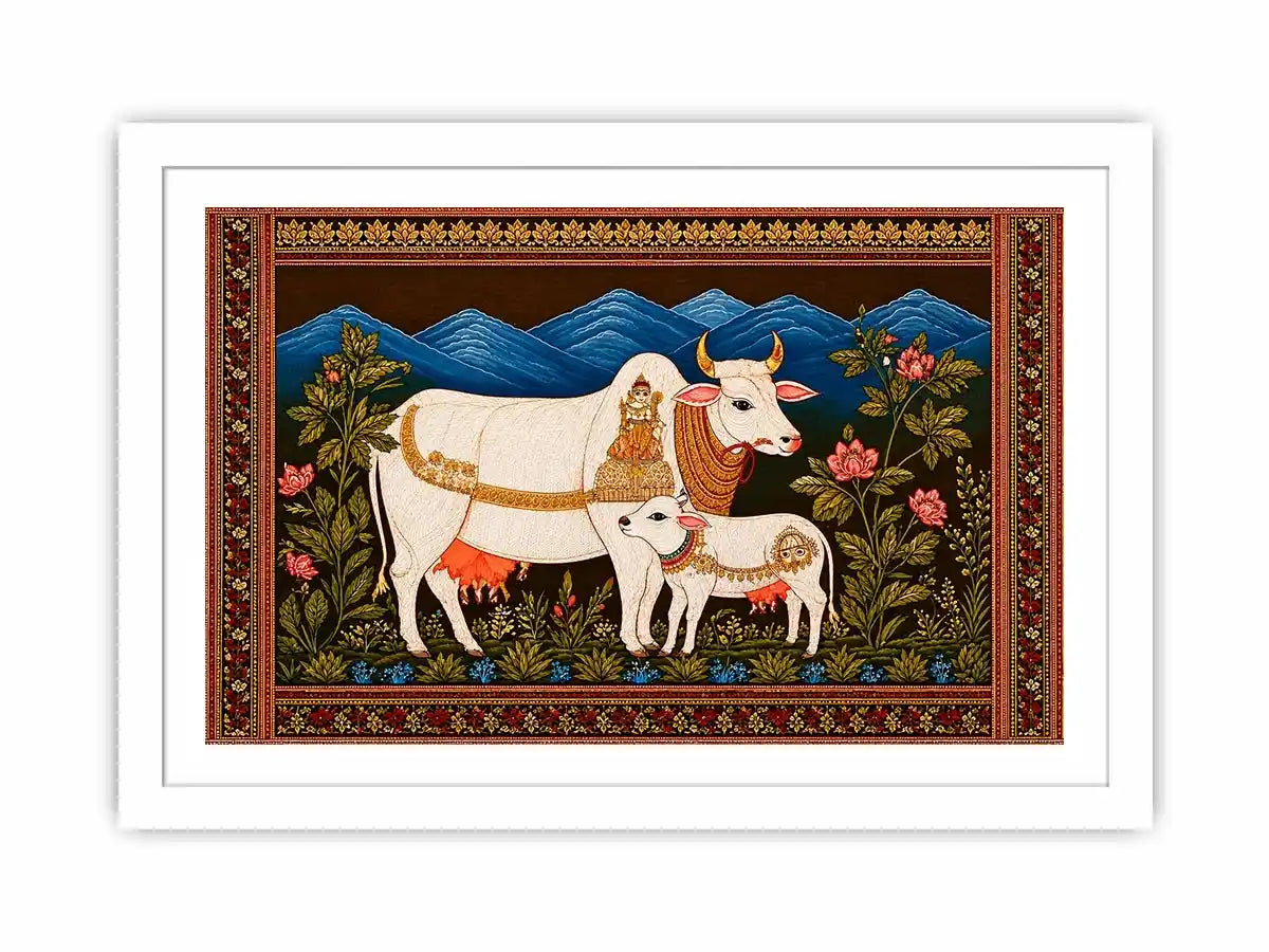 Kamdhenu sacred cow Canvas Print with calf and traditional detailing in gold and red tones