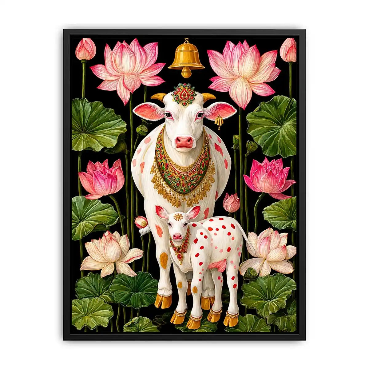 Kamdhenu sacred cow Canvas Print with lotus flowers and calf in vibrant pink and green tones