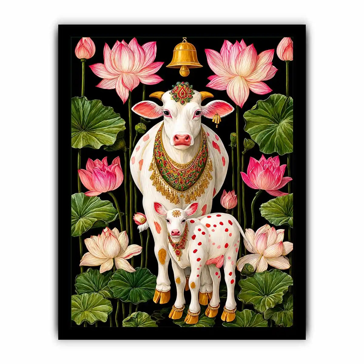 Kamdhenu sacred cow Canvas Print with lotus flowers and calf in vibrant pink and green tones