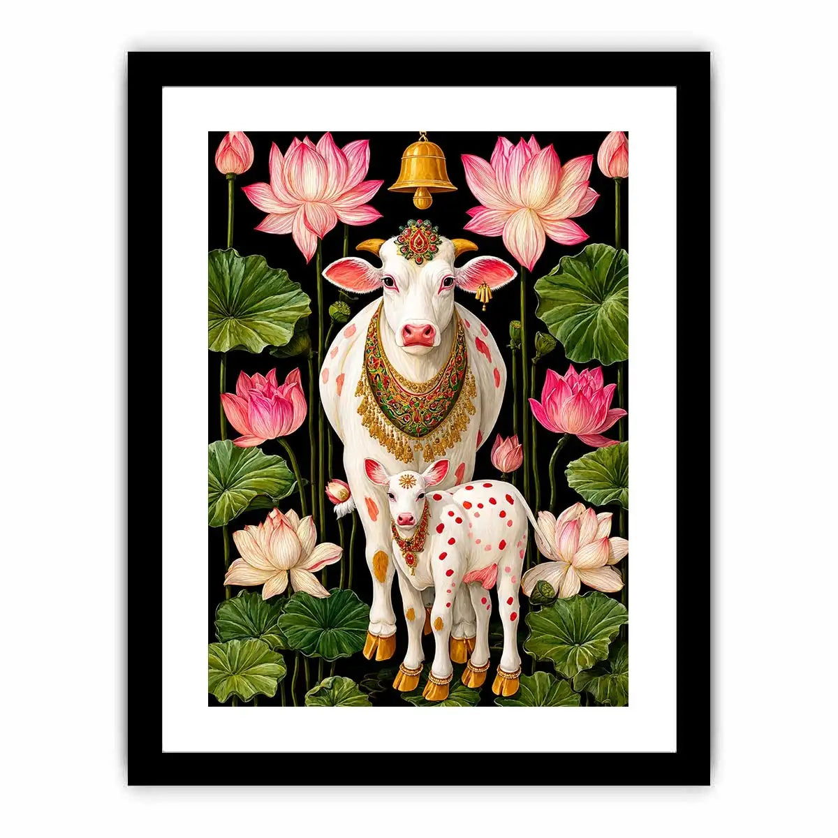 Kamdhenu sacred cow Canvas Print with lotus flowers and calf in vibrant pink and green tones
