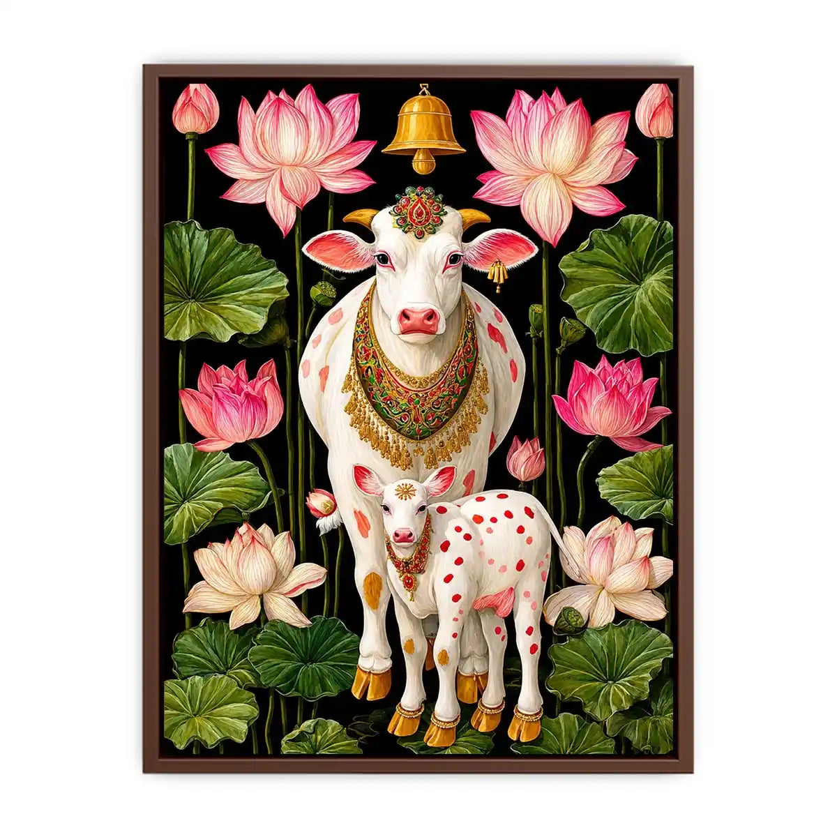 Kamdhenu sacred cow Canvas Print with lotus flowers and calf in vibrant pink and green tones