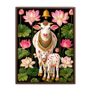 Kamdhenu sacred cow Canvas Print with lotus flowers and calf in vibrant pink and green tones