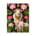 Kamdhenu sacred cow Canvas Print with lotus flowers and calf in vibrant pink and green tones