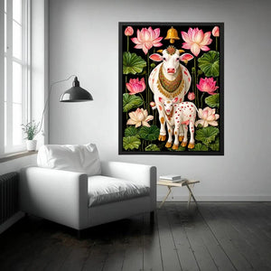 Kamdhenu sacred cow Canvas Print with lotus flowers and calf in vibrant pink and green tones