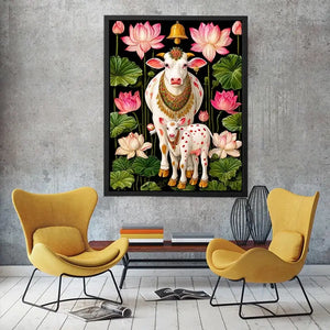 Kamdhenu sacred cow Canvas Print with lotus flowers and calf in vibrant pink and green tones