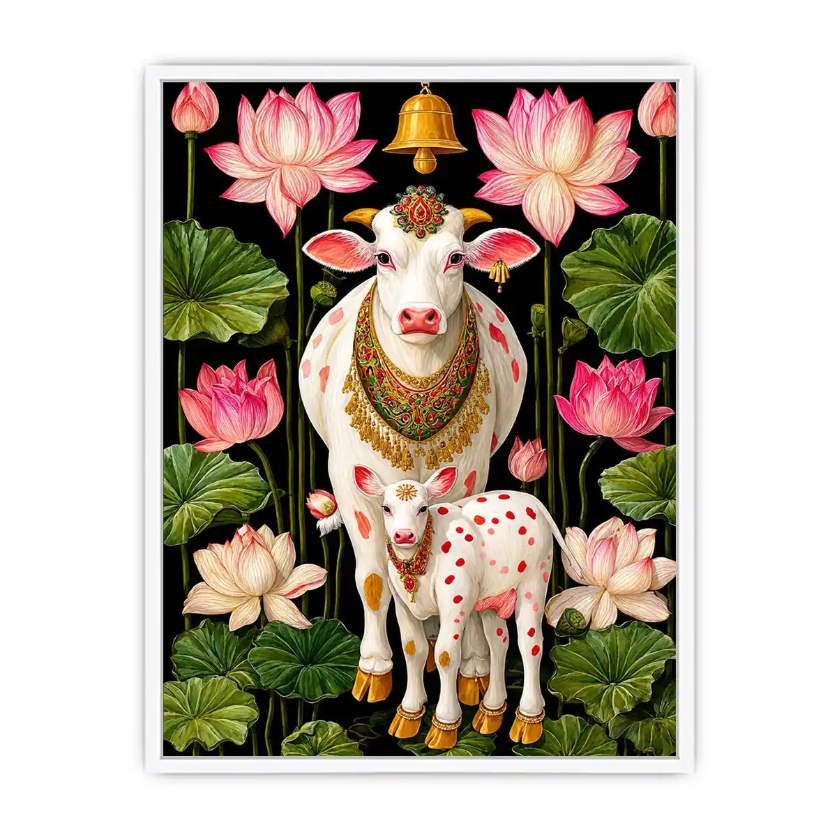 Kamdhenu sacred cow Canvas Print with lotus flowers and calf in vibrant pink and green tones