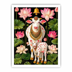 Kamdhenu sacred cow Canvas Print with lotus flowers and calf in vibrant pink and green tones