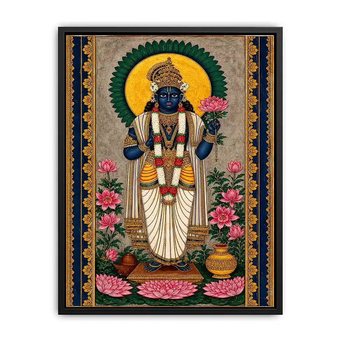 Hindu lotus deity Canvas Print with floral details and gold accents in blue and pink tones