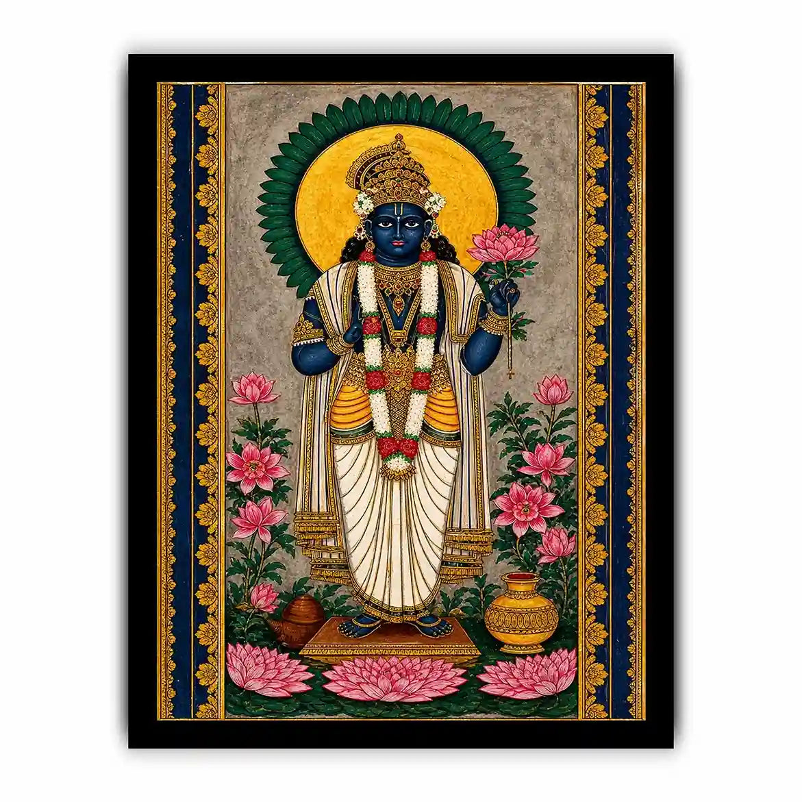 Hindu lotus deity Canvas Print with floral details and gold accents in blue and pink tones