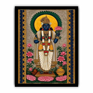 Hindu lotus deity Canvas Print with floral details and gold accents in blue and pink tones