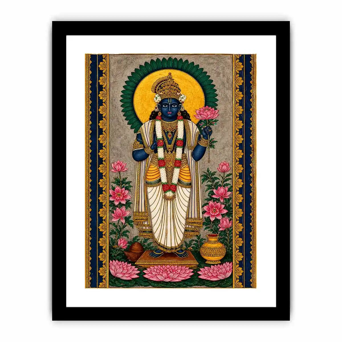 Hindu lotus deity Canvas Print with floral details and gold accents in blue and pink tones
