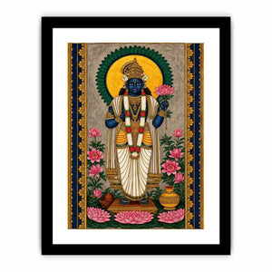 Hindu lotus deity Canvas Print with floral details and gold accents in blue and pink tones