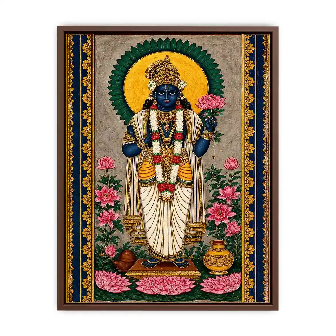 Hindu lotus deity Canvas Print with floral details and gold accents in blue and pink tones