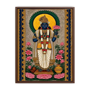 Hindu lotus deity Canvas Print with floral details and gold accents in blue and pink tones