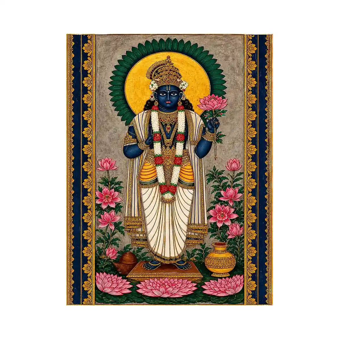 Hindu lotus deity Canvas Print with floral details and gold accents in blue and pink tones