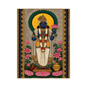 Hindu lotus deity Canvas Print with floral details and gold accents in blue and pink tones