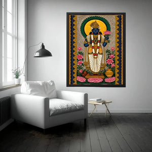 Hindu lotus deity Canvas Print with floral details and gold accents in blue and pink tones