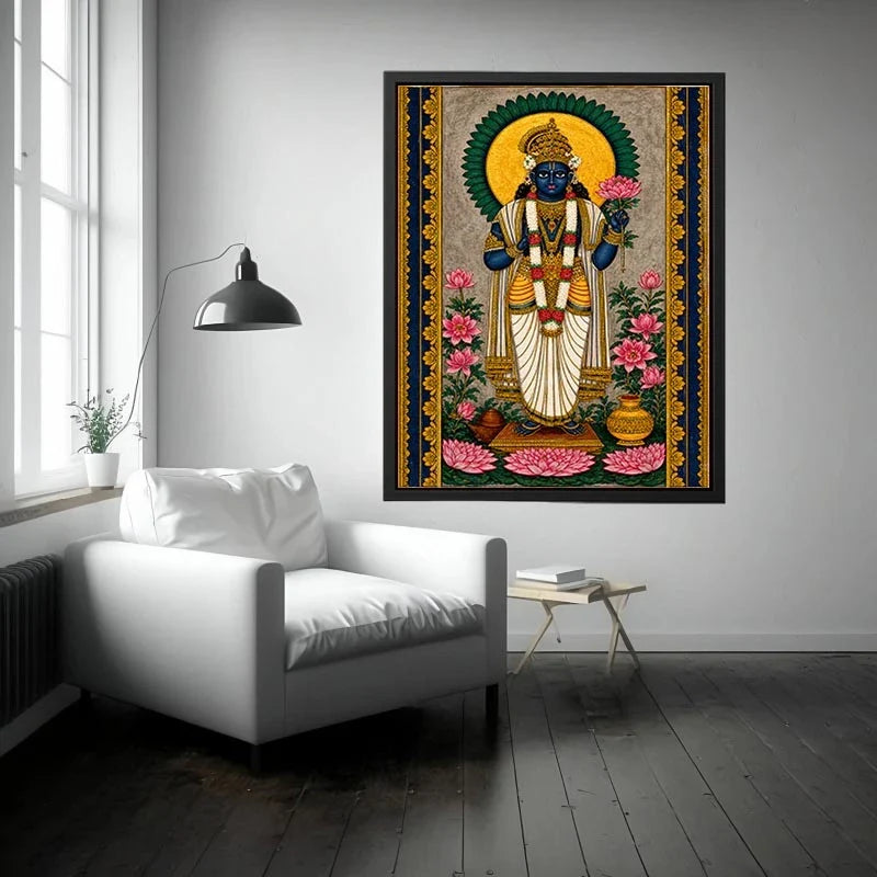 Hindu lotus deity Canvas Print with floral details and gold accents in blue and pink tones