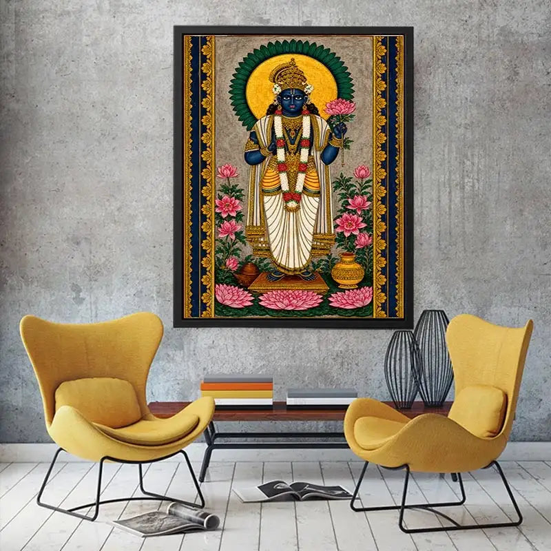 Hindu lotus deity Canvas Print with floral details and gold accents in blue and pink tones