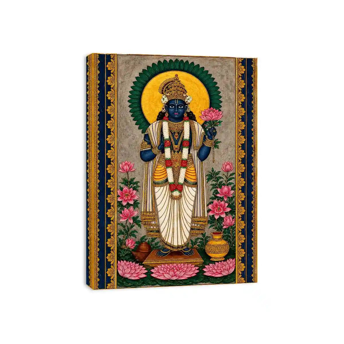 Hindu lotus deity Canvas Print with floral details and gold accents in blue and pink tones