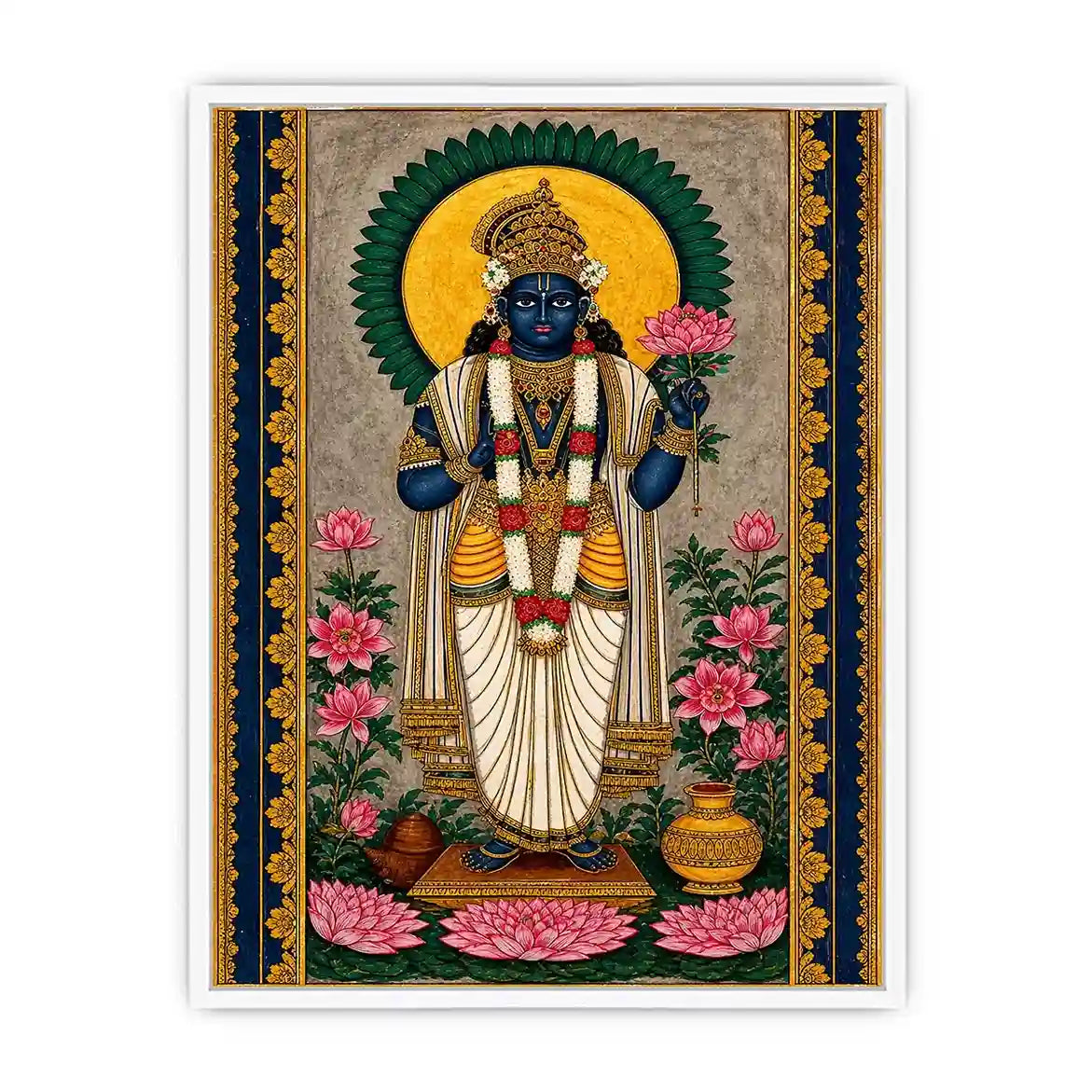 Hindu lotus deity Canvas Print with floral details and gold accents in blue and pink tones