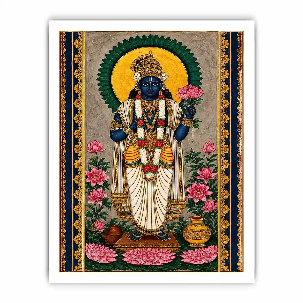Hindu lotus deity Canvas Print with floral details and gold accents in blue and pink tones