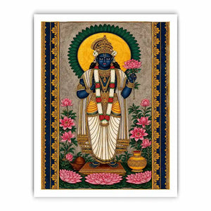 Hindu lotus deity Canvas Print with floral details and gold accents in blue and pink tones