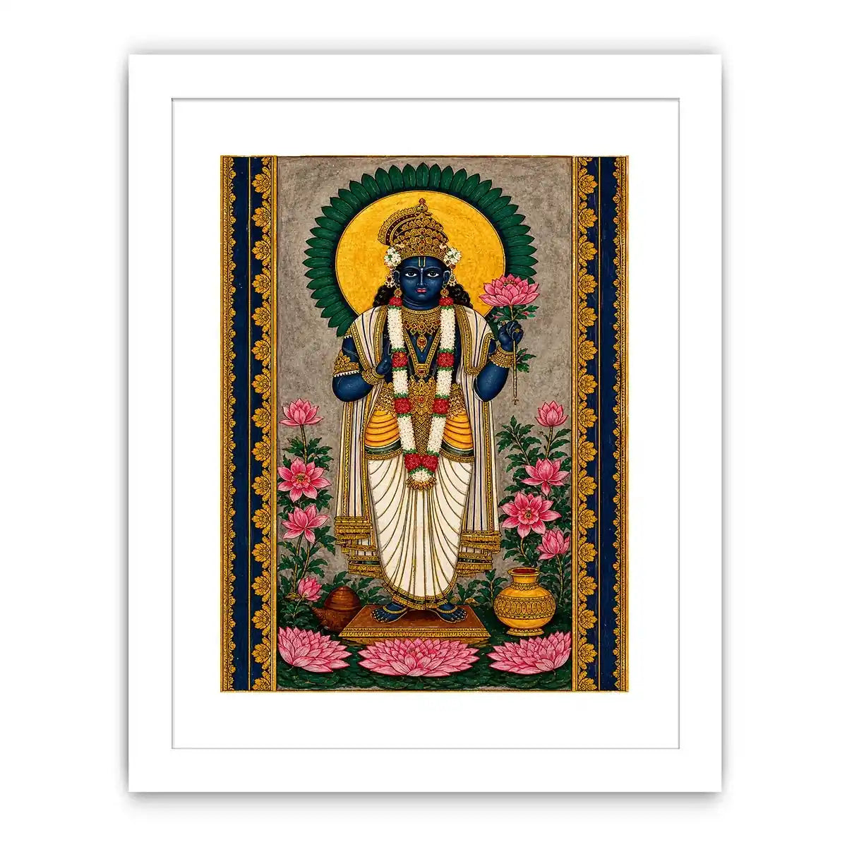Hindu lotus deity Canvas Print with floral details and gold accents in blue and pink tones