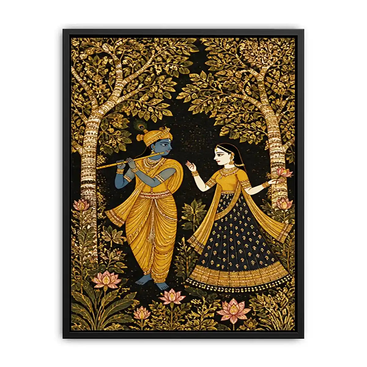 Krishna Radha gold Canvas Print with floral trees in black and gold tones