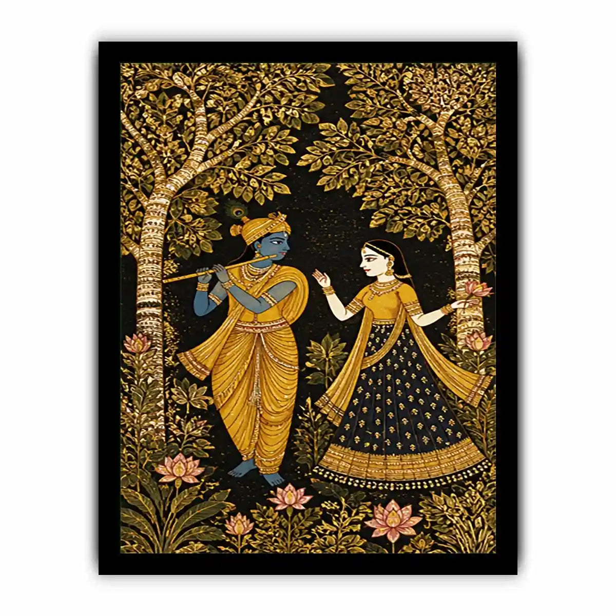 Krishna Radha gold Canvas Print with floral trees in black and gold tones