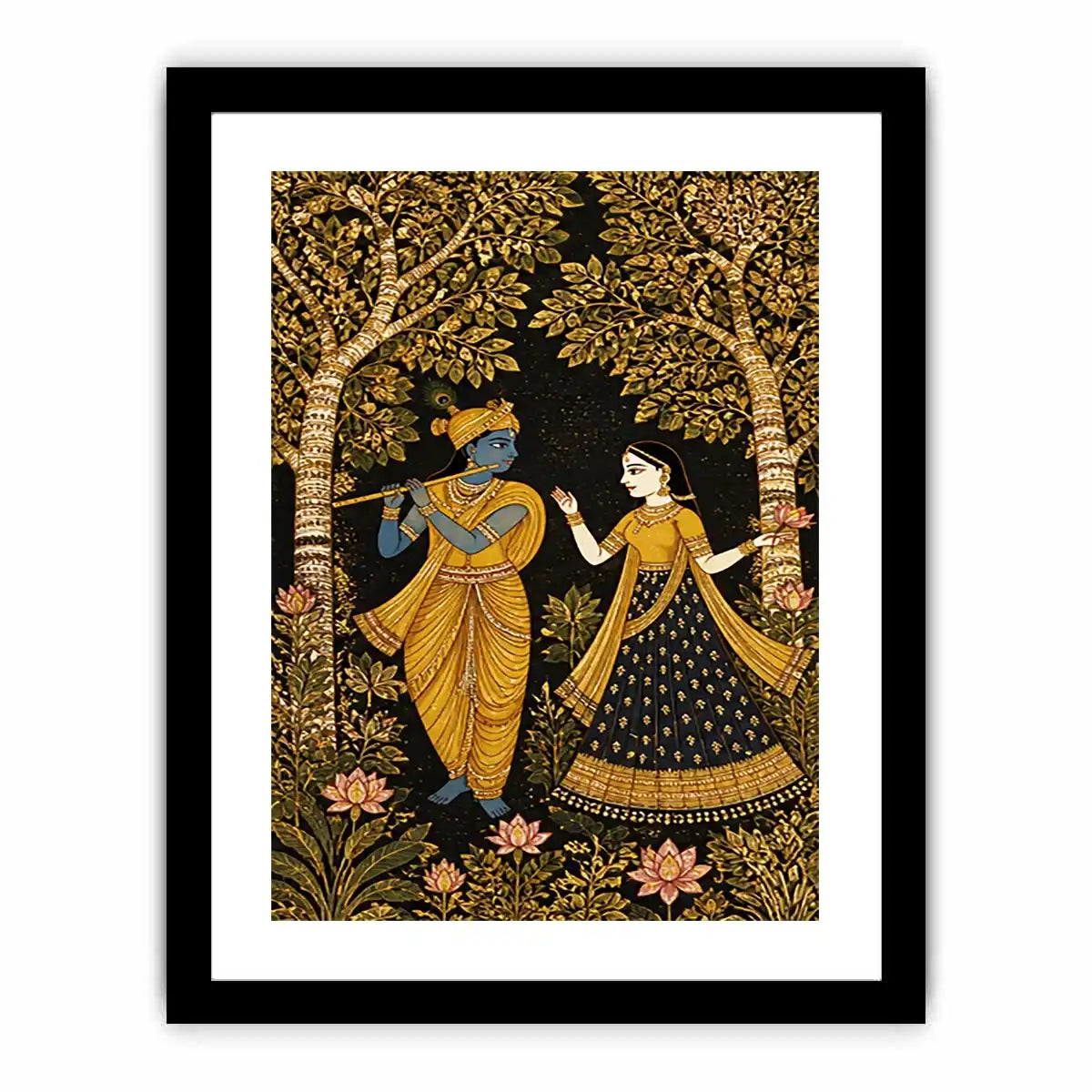 Krishna Radha gold Canvas Print with floral trees in black and gold tones
