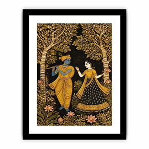 Krishna Radha gold Canvas Print with floral trees in black and gold tones
