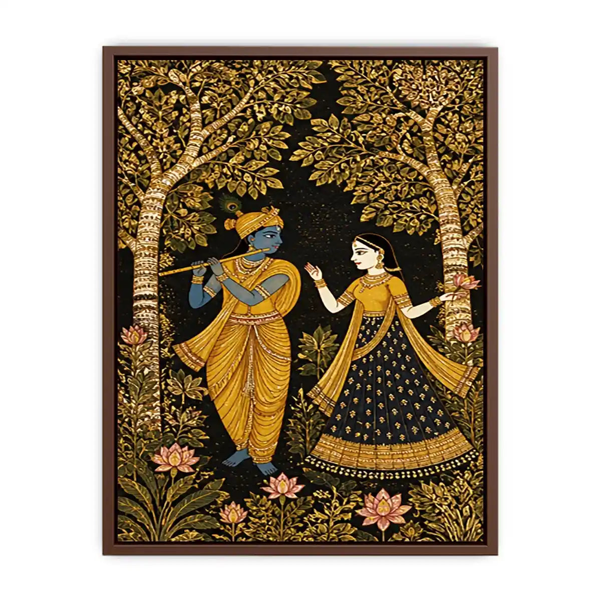 Krishna Radha gold Canvas Print with floral trees in black and gold tones